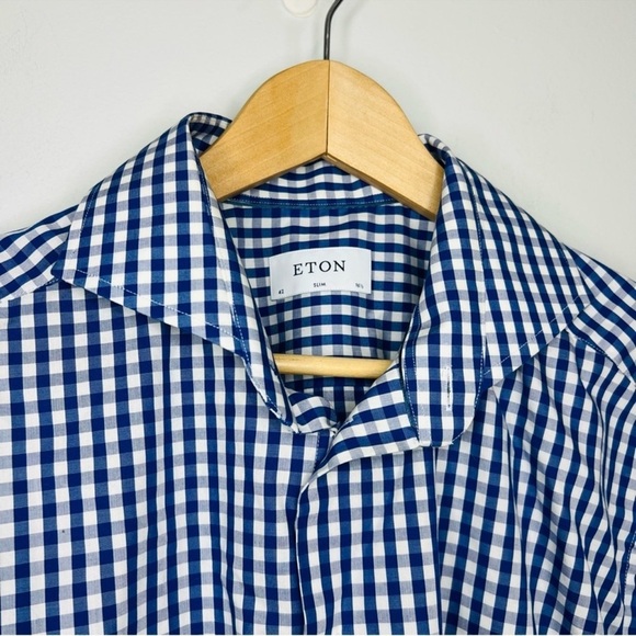 Eton Blue/White Plaid Contemporary Slim Poplin Dress Shirt 42 | 16.5 - Picture 4 of 9